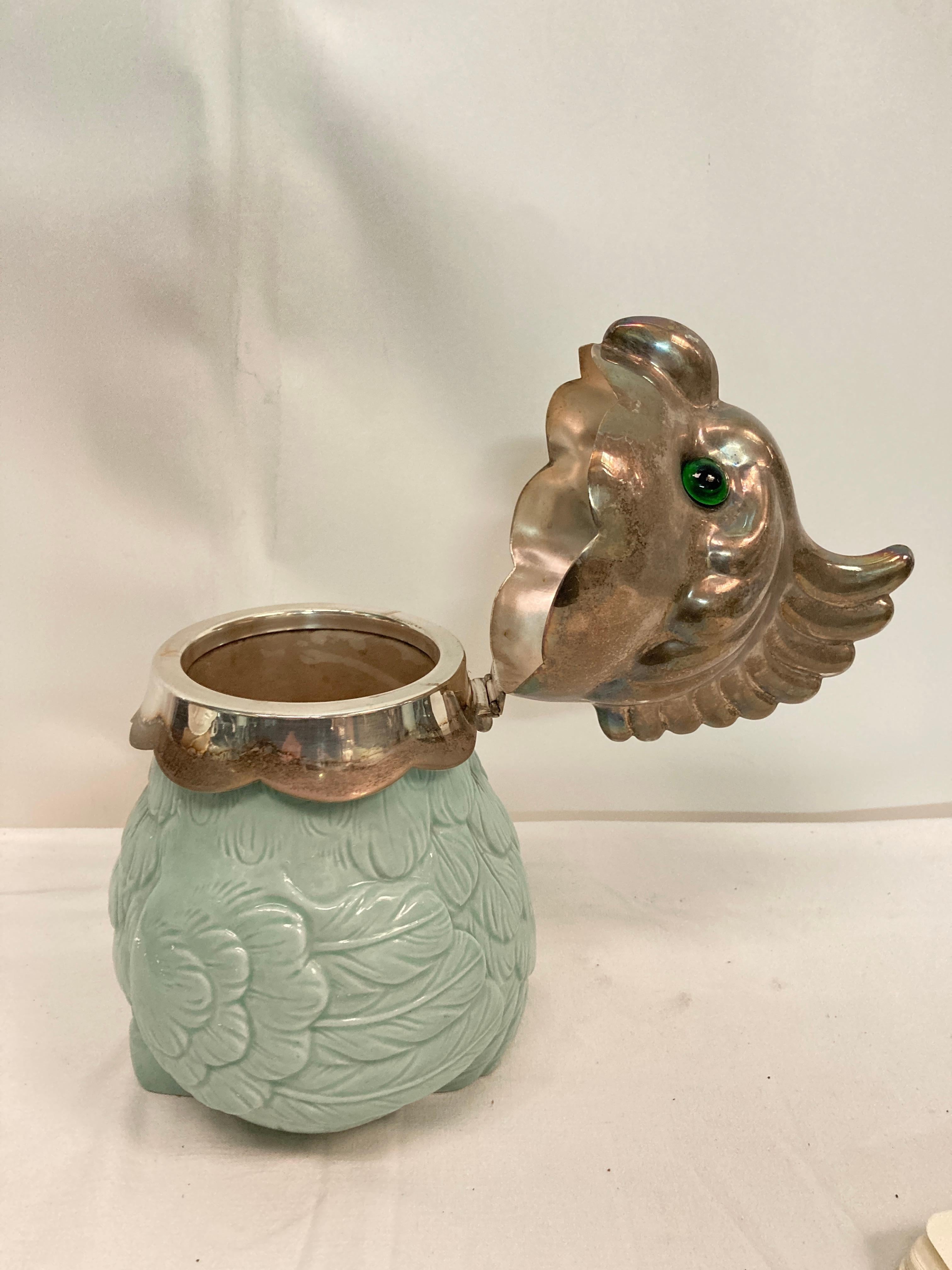 Late 20th Century 1970's Celadon porcelain an silver plated parrot pot  For Sale