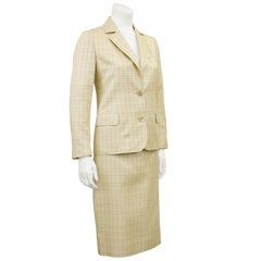 1970s Celine Beige Glen Check Silk Skirt Suit