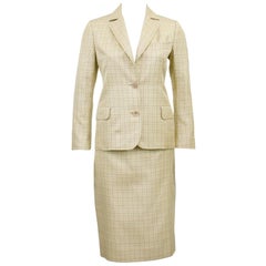 1970s Celine Beige Glen Check Silk Skirt Suit 