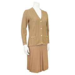 1970s Celine Beige Wool Cardigan and Gabardine Skirt Ensemble