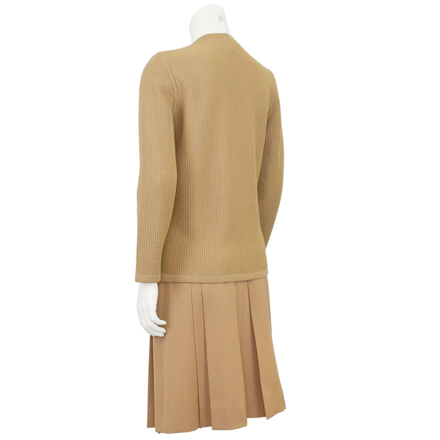 1970s Celine Beige Wool Cardigan and Gabardine Skirt Ensemble In Good Condition For Sale In Toronto, Ontario