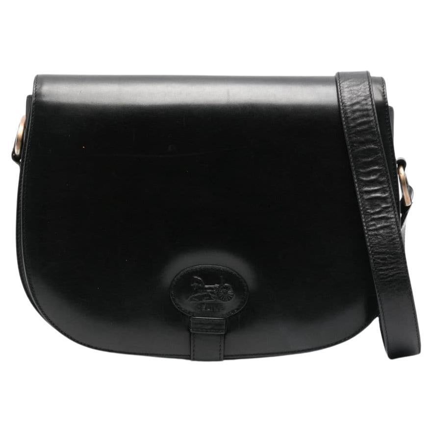 1970s Celine Black Leather Carriage Shoulder Bag For Sale