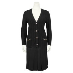 1970s Celine Black Wool Cardigan and Gabardine Skirt Ensemble
