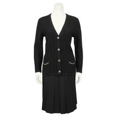 1970s Celine Black Wool Cardigan and Gabardine Skirt Ensemble 