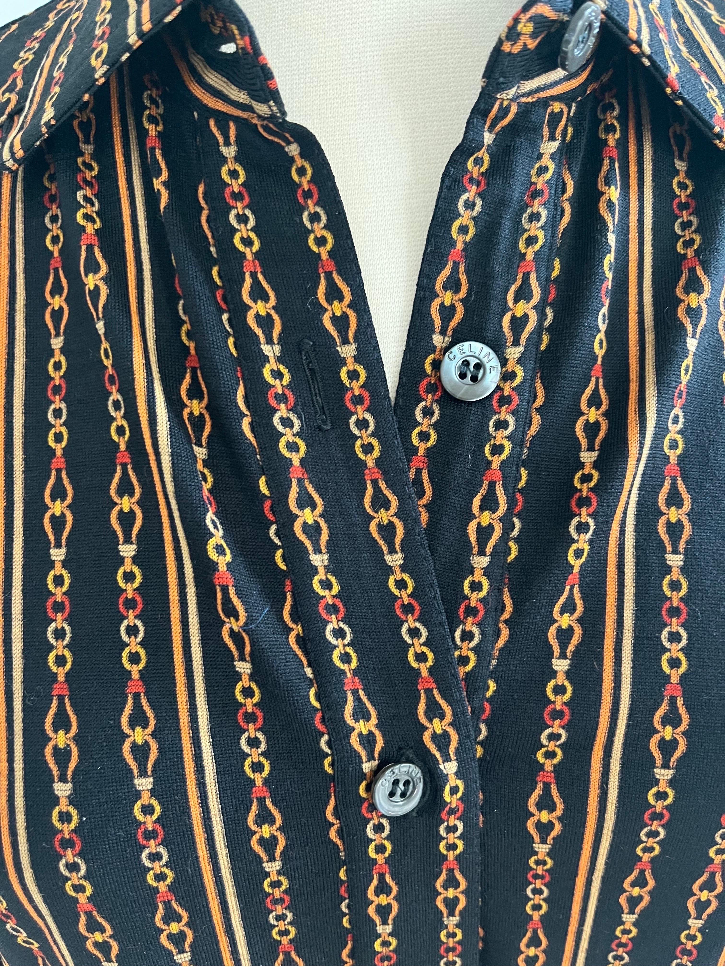Black 1970s Celine Chain Logo Thin Wool Button Down Collared Shirt For Sale