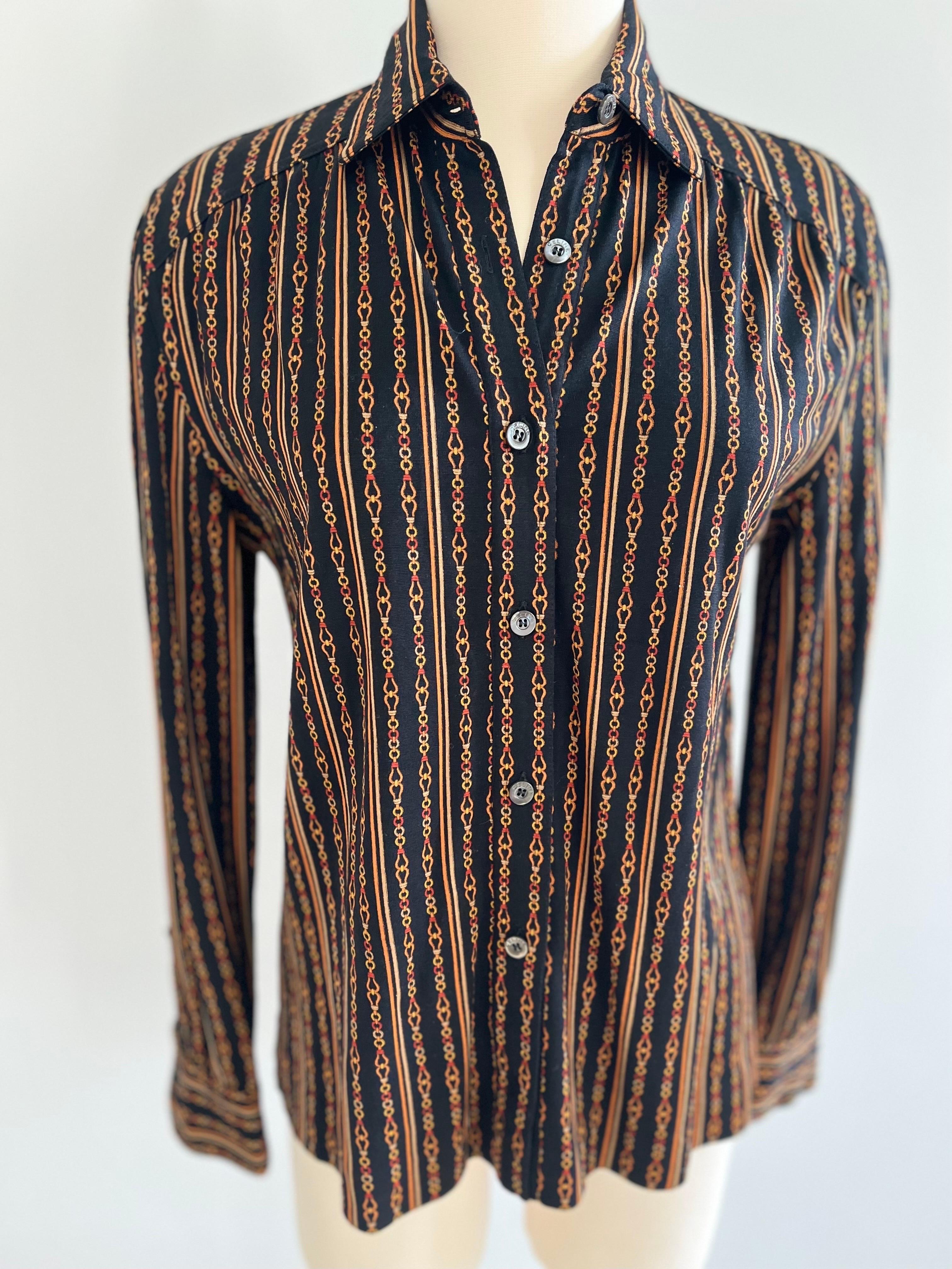 1970s Celine Chain Logo Thin Wool Button Down Collared Shirt In Good Condition For Sale In Miami, FL