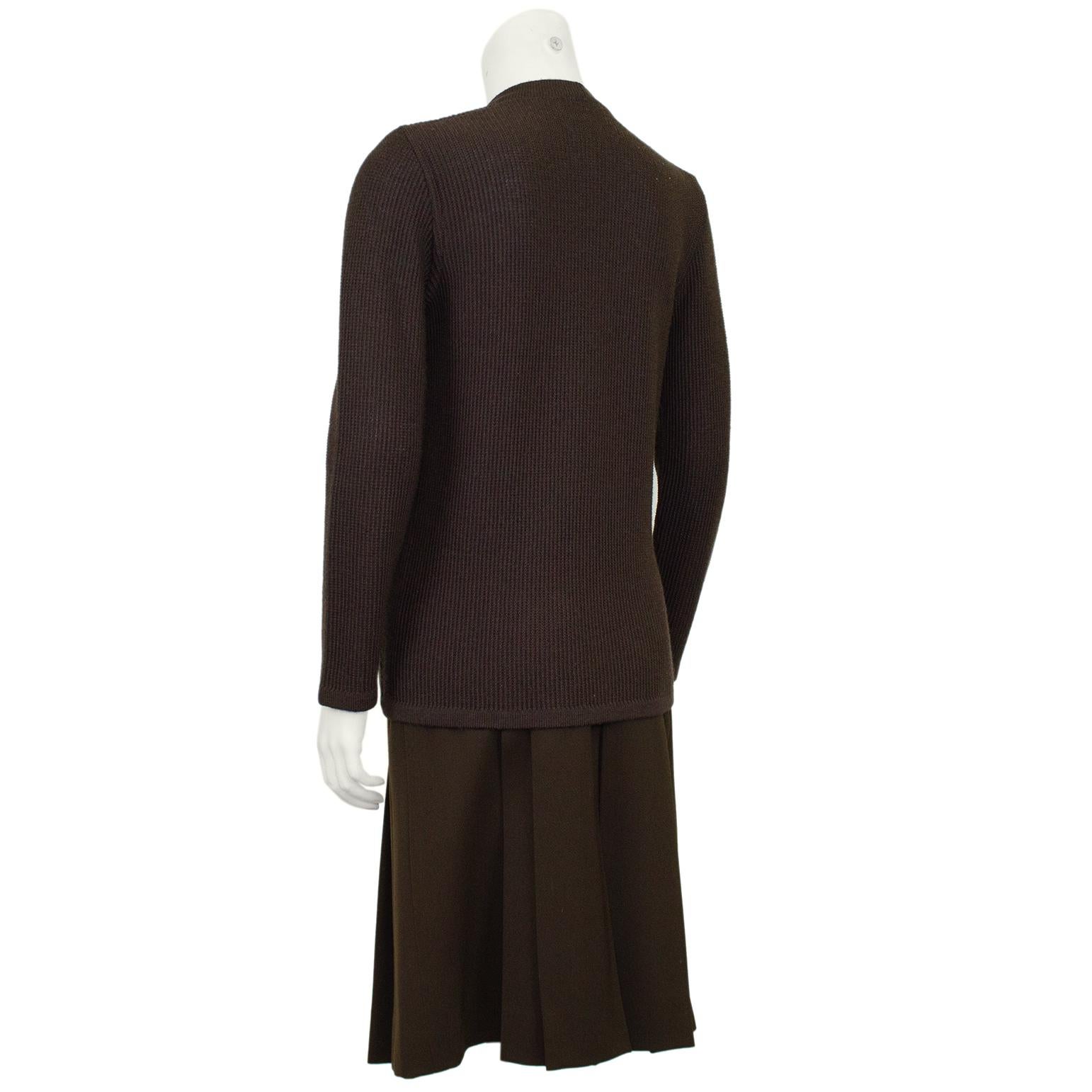 1970s Celine Chocolate Brown Wool Cardigan and Gabardine Skirt Ensemble In Good Condition For Sale In Toronto, Ontario