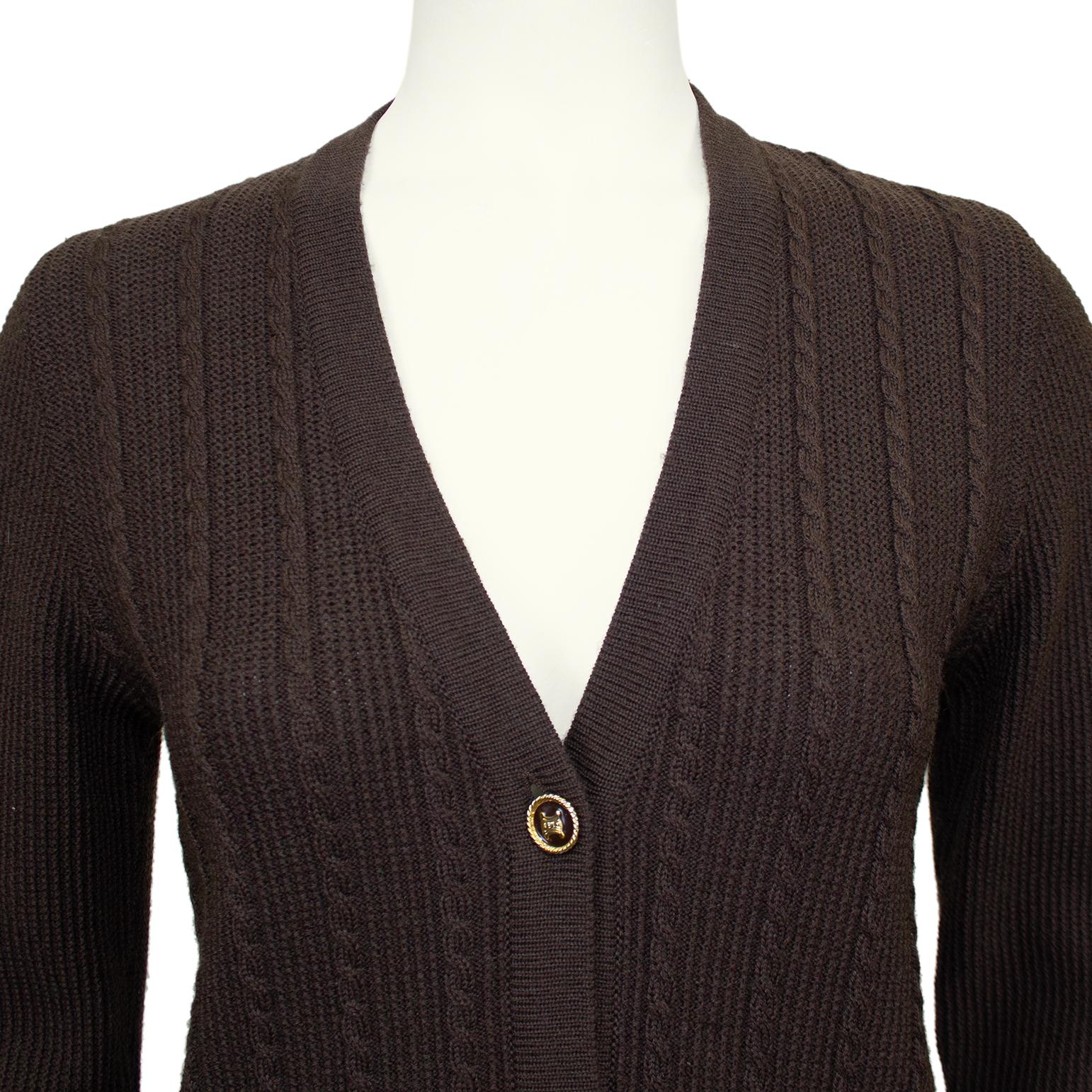 1970s Celine Chocolate Brown Wool Cardigan and Gabardine Skirt Ensemble In Good Condition For Sale In Toronto, Ontario