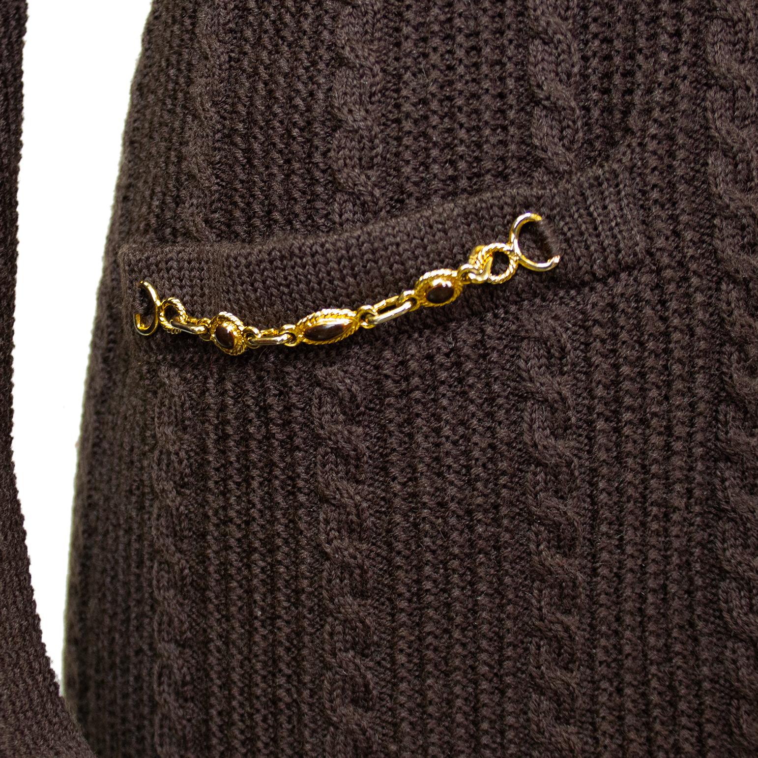 Women's 1970s Celine Chocolate Brown Wool Cardigan and Gabardine Skirt Ensemble For Sale