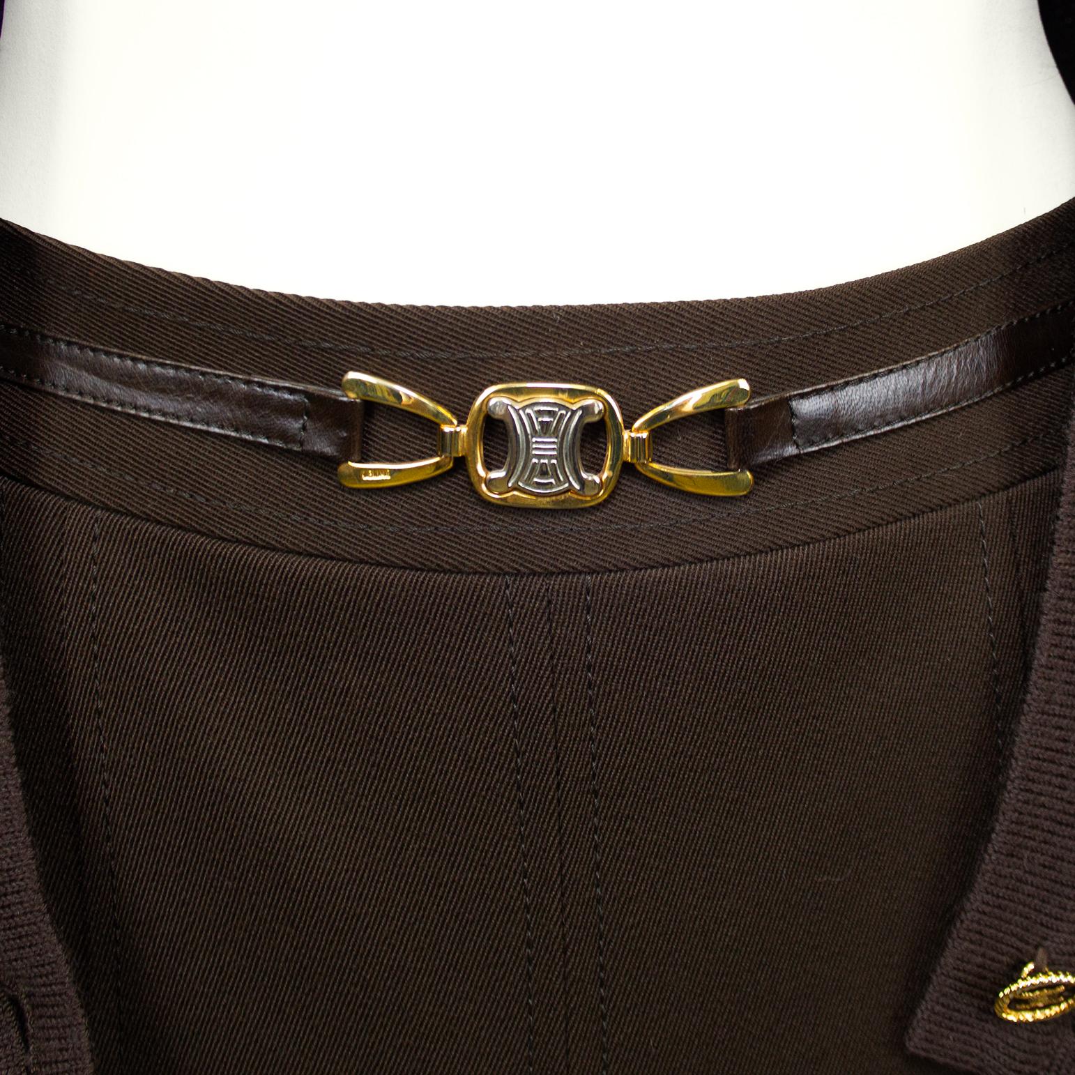 1970s Celine Chocolate Brown Wool Cardigan and Gabardine Skirt Ensemble For Sale 1