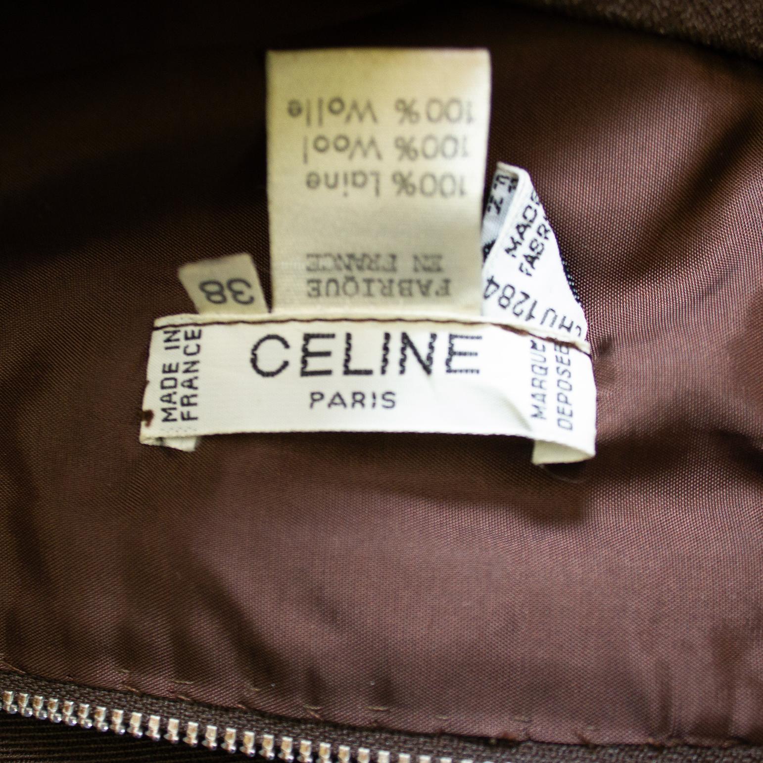 1970s Celine Chocolate Brown Wool Cardigan and Gabardine Skirt Ensemble For Sale 2