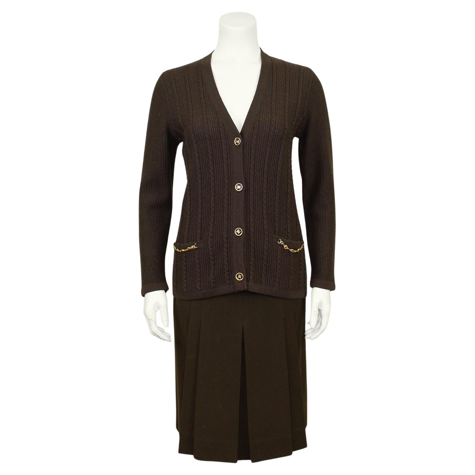 1970s Celine Chocolate Brown Wool Cardigan and Gabardine Skirt Ensemble For Sale