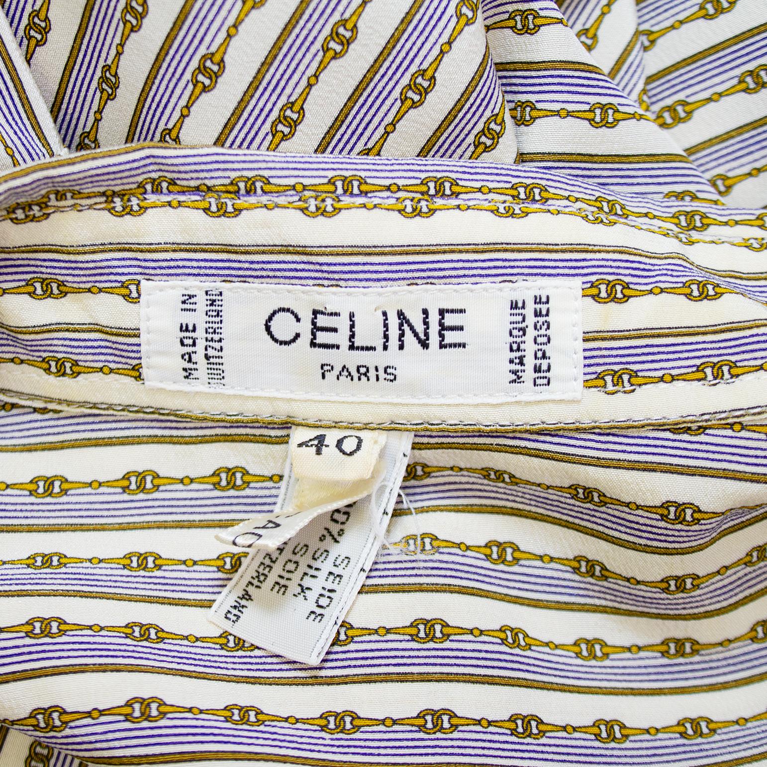 1970s Celine Cream, Purple and Gold Stripe and Chain Print Shirt  2