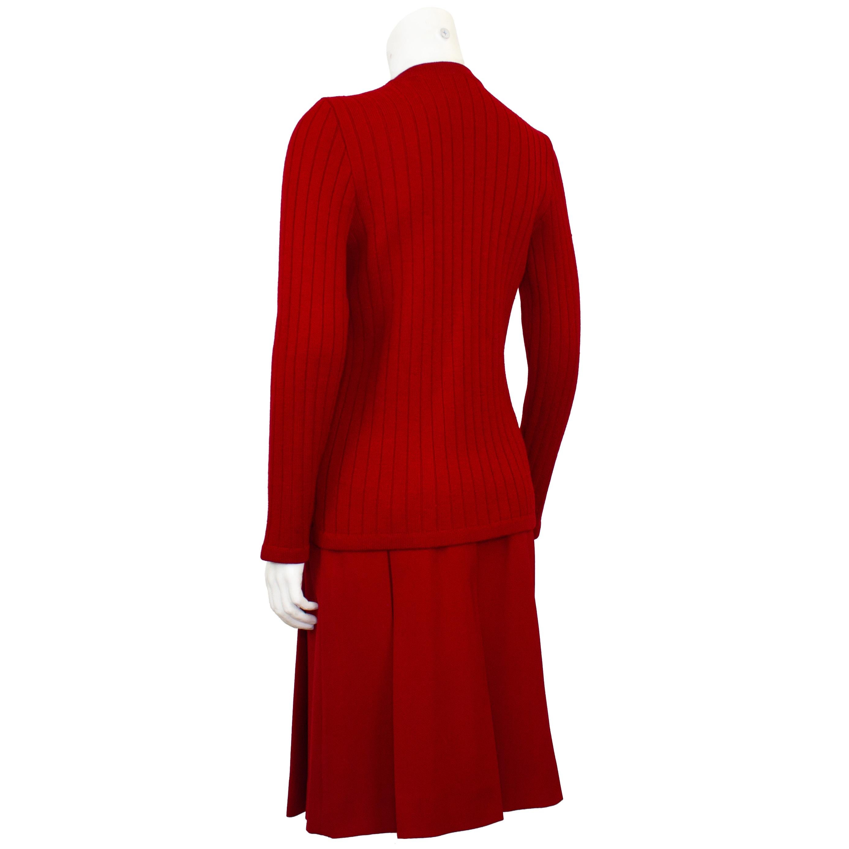1970s Celine Crimson Red Wool Cardigan and Gabardine Skirt Ensemble In Good Condition For Sale In Toronto, Ontario
