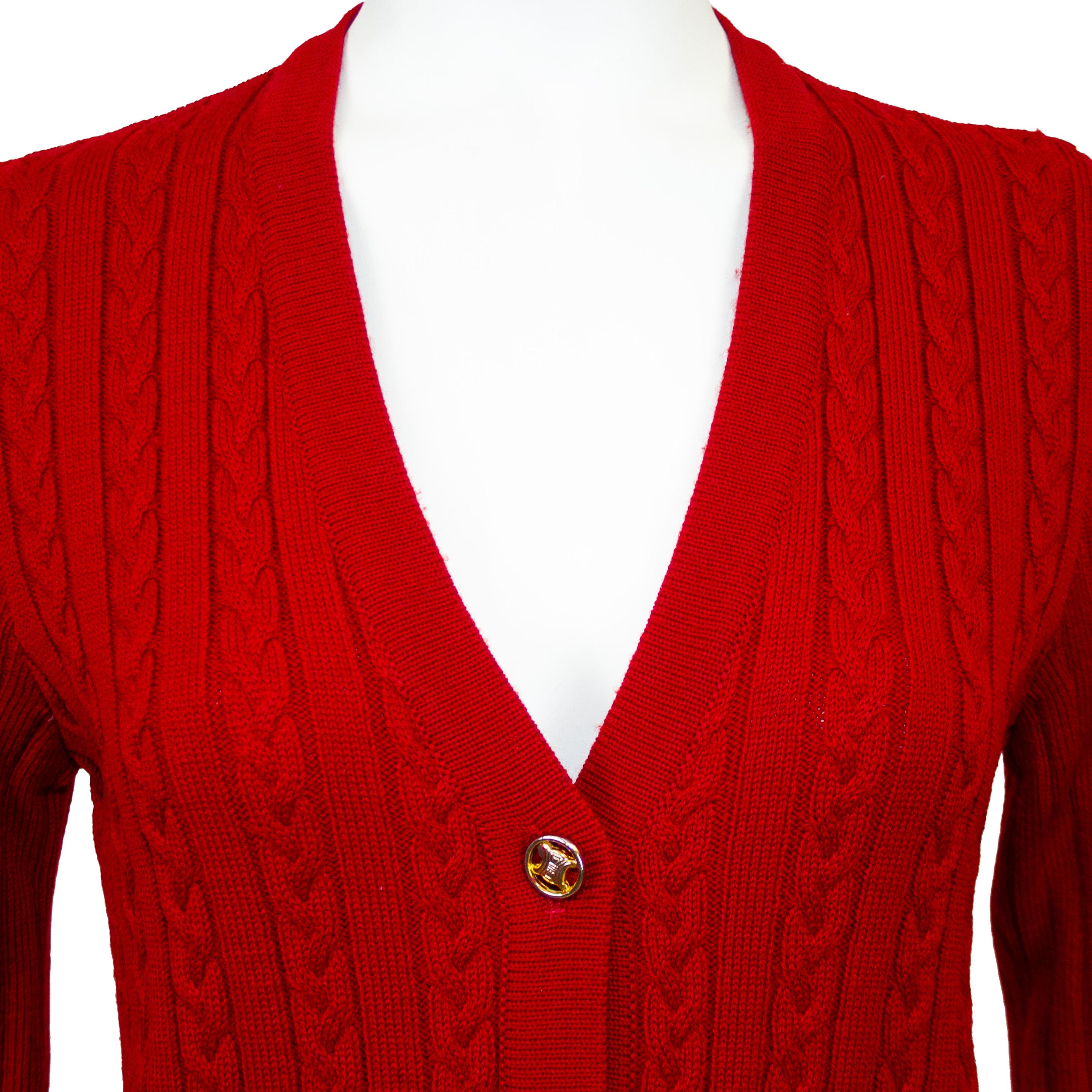 Women's 1970s Celine Crimson Red Wool Cardigan and Gabardine Skirt Ensemble For Sale