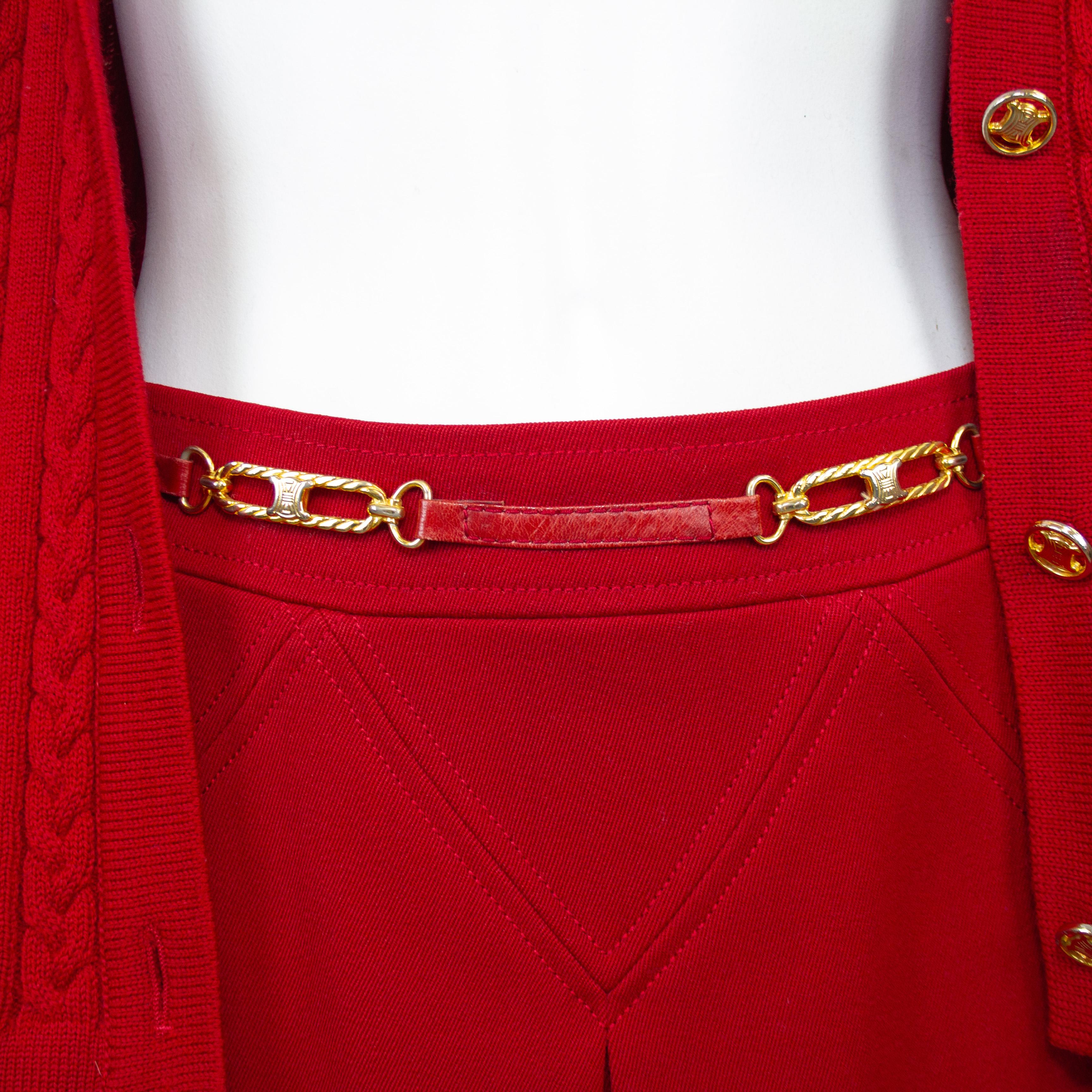 1970s Celine Crimson Red Wool Cardigan and Gabardine Skirt Ensemble For Sale 2