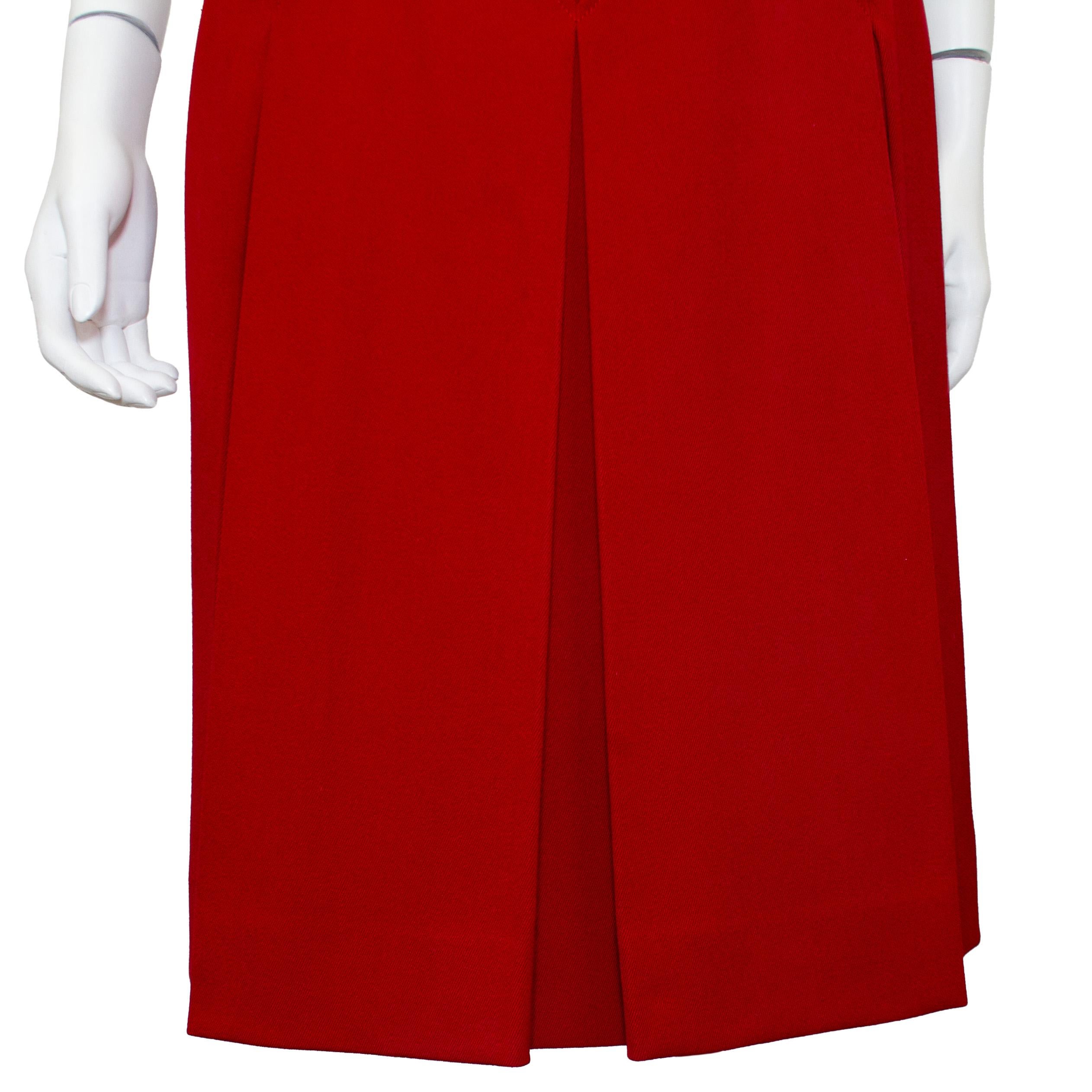 1970s Celine Crimson Red Wool Cardigan and Gabardine Skirt Ensemble For Sale 3