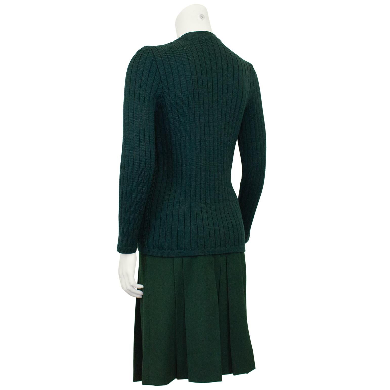 1970s Celine Forest Green Wool Cardigan and Gabardine Skirt Ensemble  In Good Condition For Sale In Toronto, Ontario