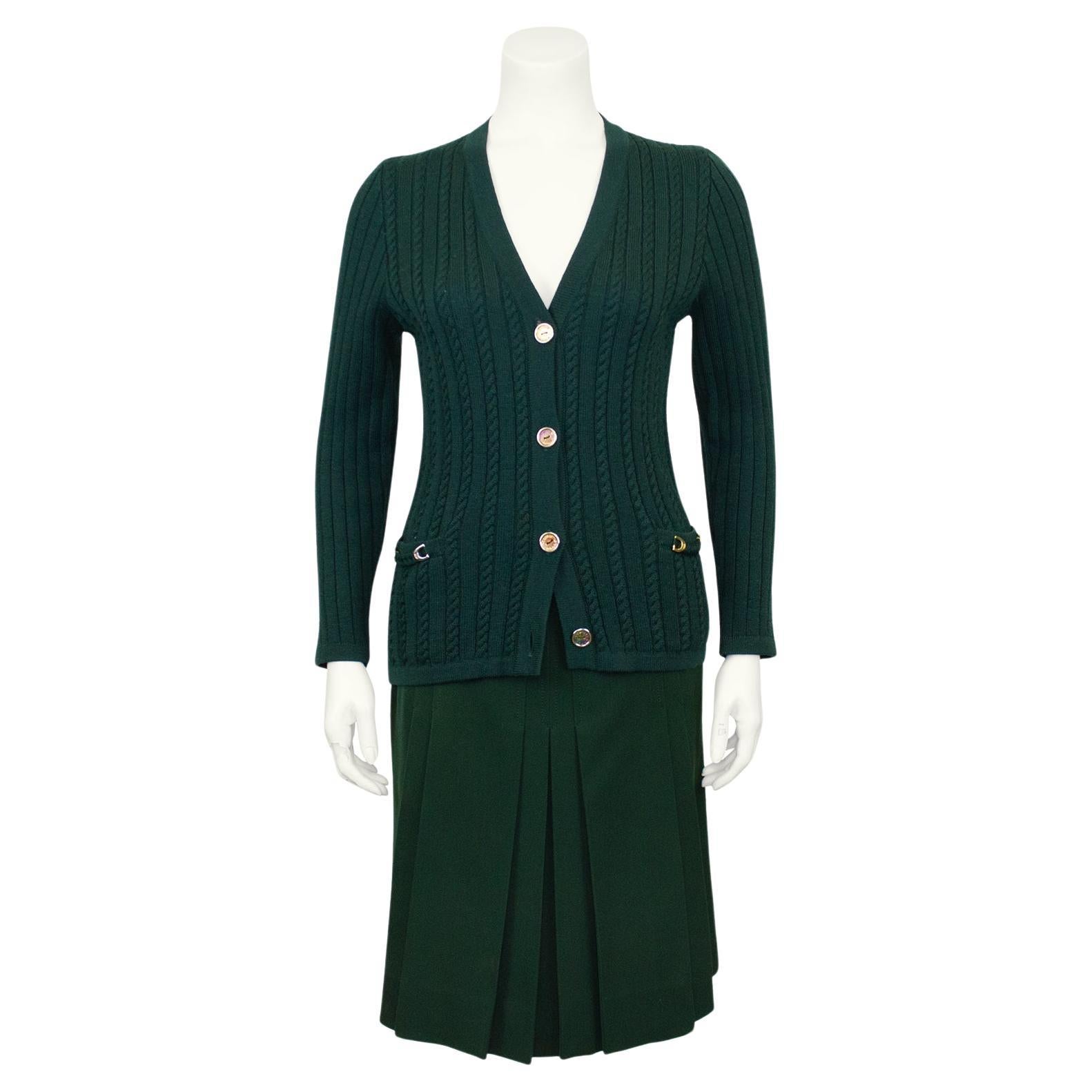 1970s Celine Forest Green Wool Cardigan and Gabardine Skirt Ensemble  en vente