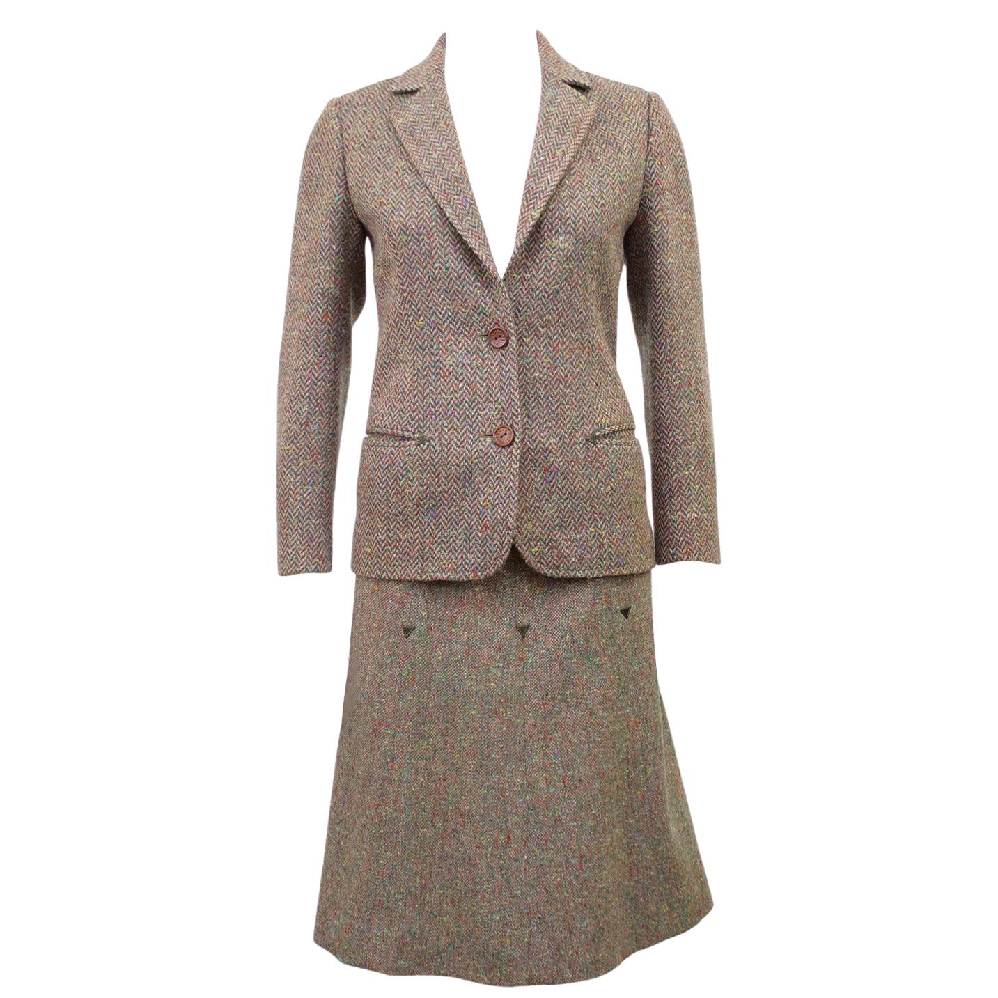 1970s Celine Herringbone Wool Skirt Suit  For Sale