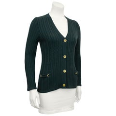 1970's Celine Hunter Green Cable Knit Cardigan