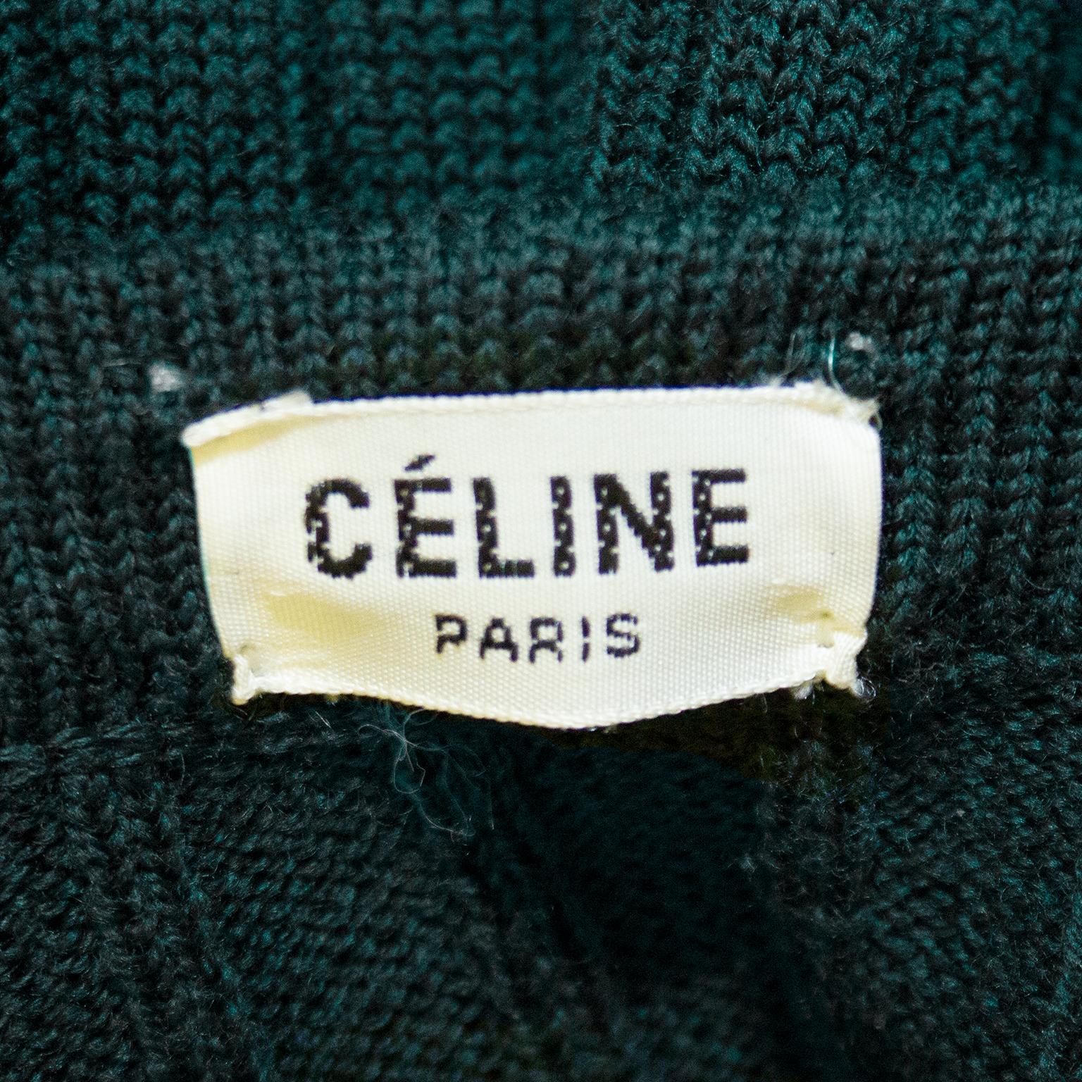 Black 1970's Celine Hunter Green Cable Knit Cardigan