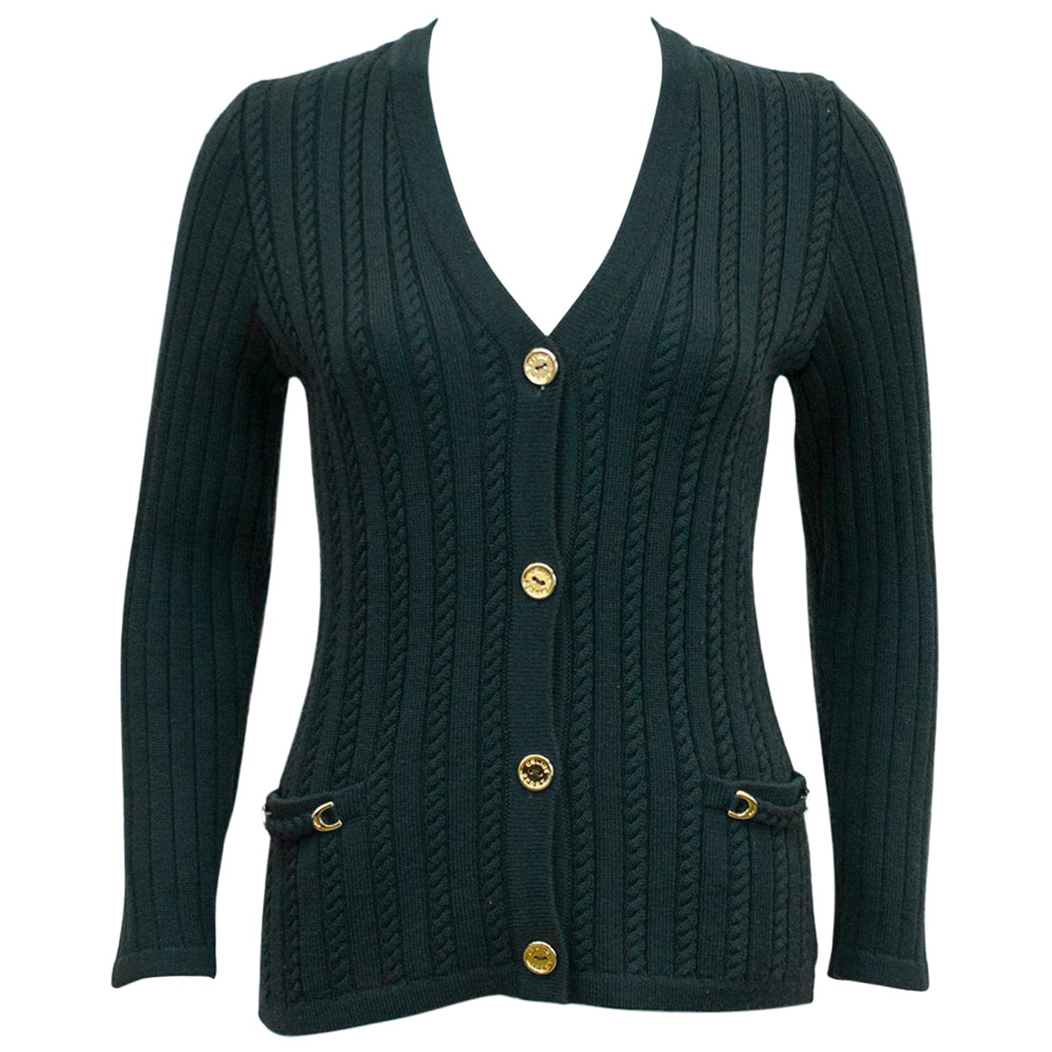 1970's Celine Hunter Green Cable Knit Cardigan