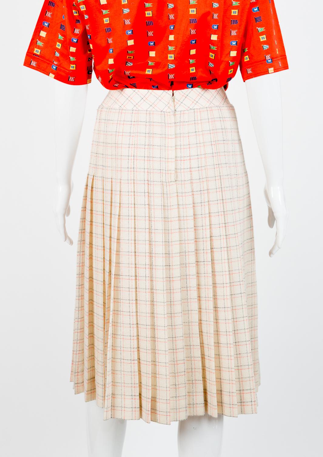 Beige 1970s Celine Iconic Ivory Wool Pleated Skirt 