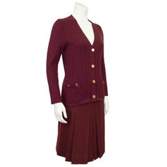 1970s Celine Maroon Wool Cardigan and Gabardine Skirt Ensemble