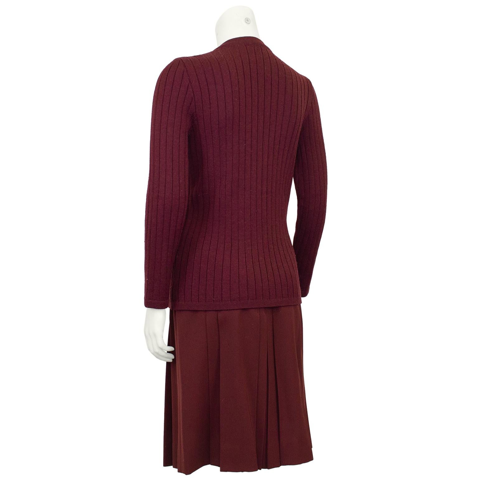 1970s Celine Maroon Wool Cardigan and Gabardine Skirt Ensemble In Good Condition For Sale In Toronto, Ontario