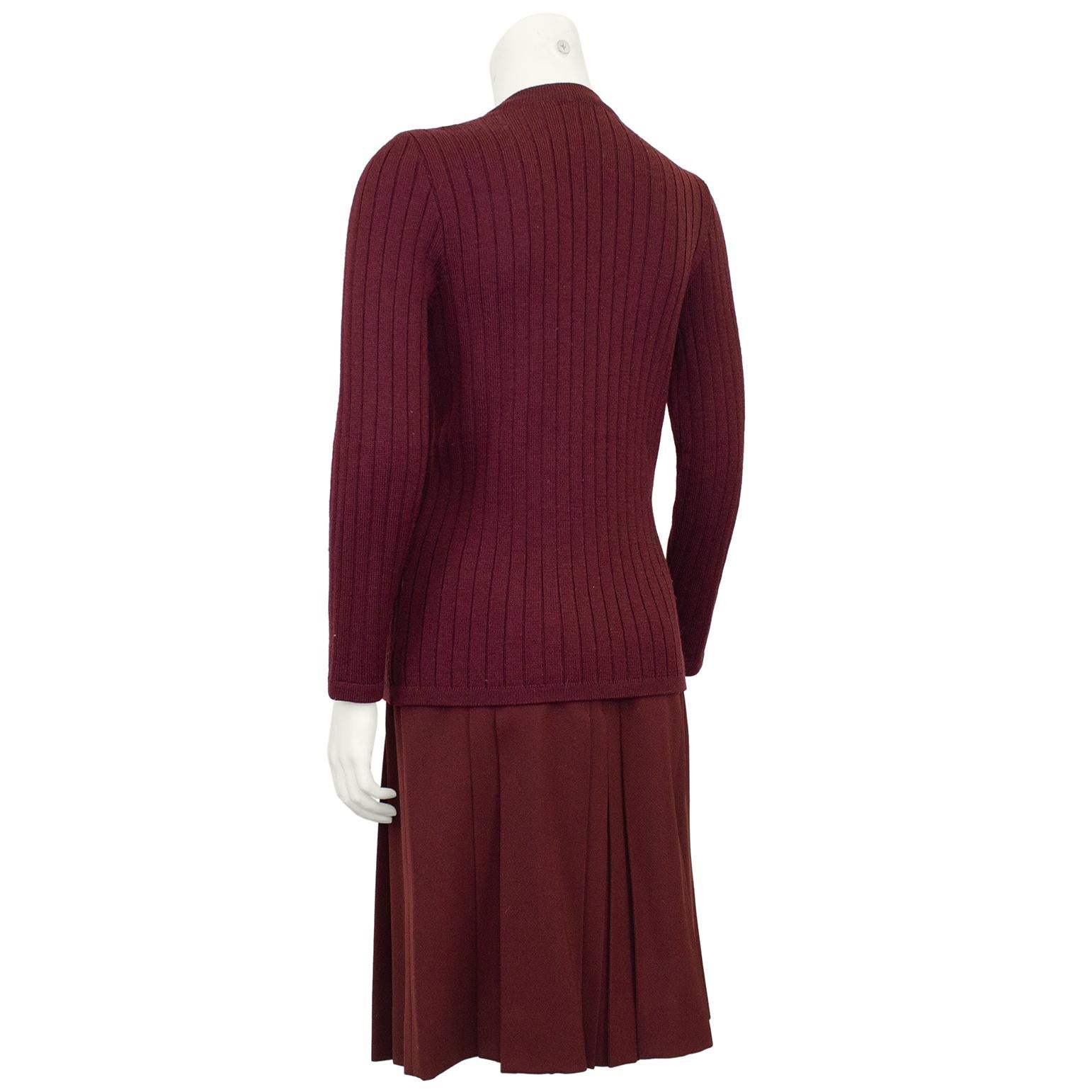 Black 1970s Celine Maroon Wool Cardigan and Gabardine Skirt Ensemble For Sale