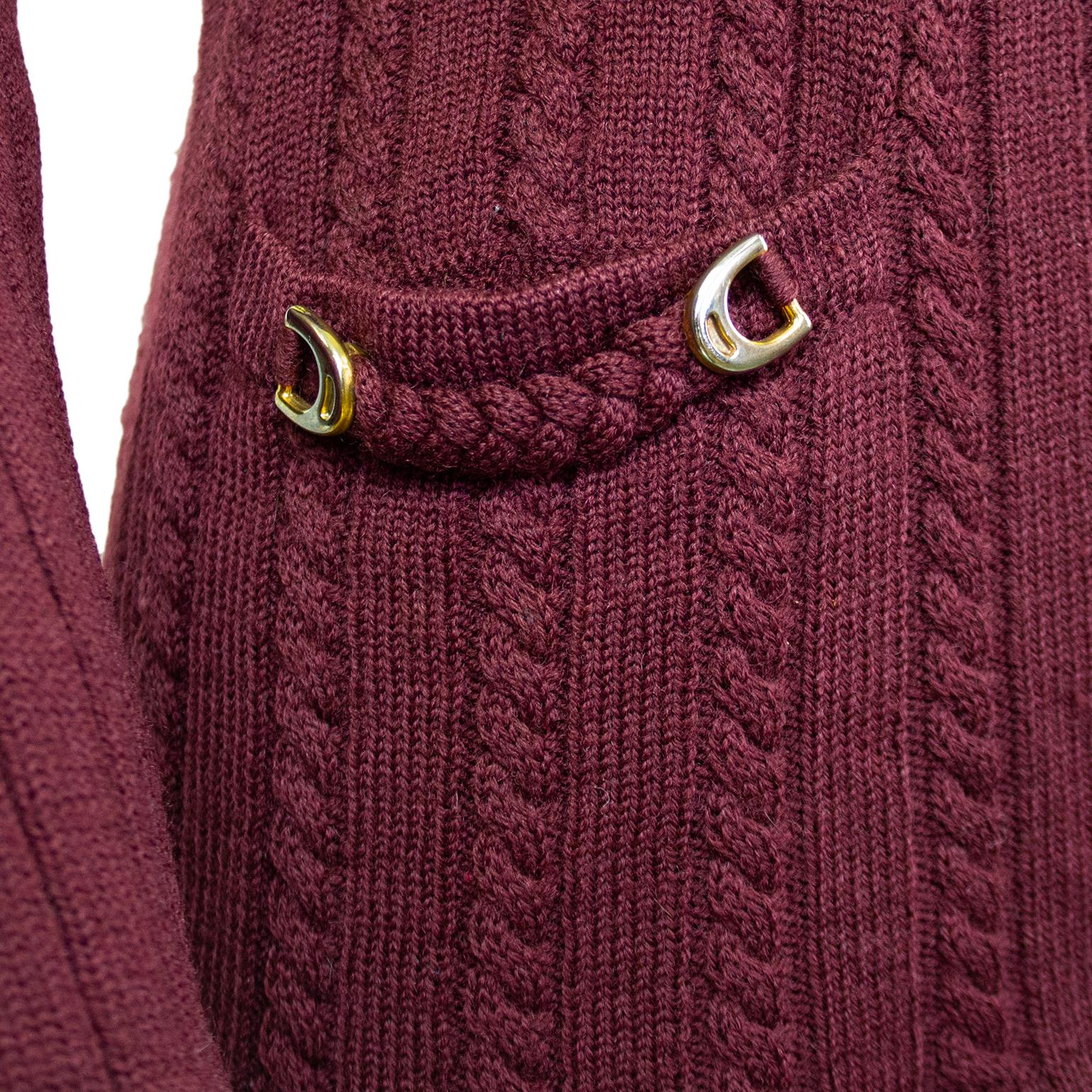1970s Celine Maroon Wool Cardigan and Gabardine Skirt Ensemble In Good Condition For Sale In Toronto, Ontario