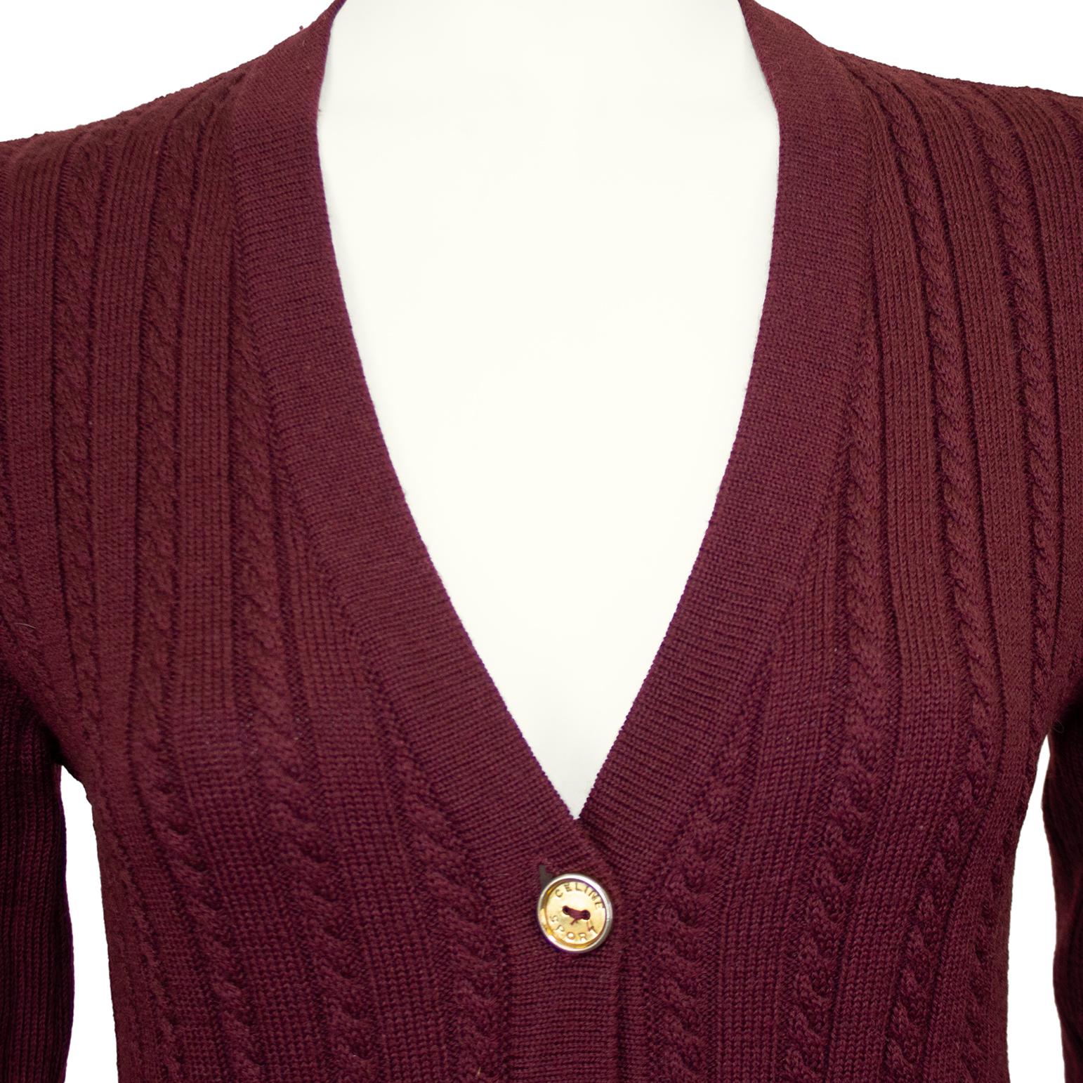 1970s Celine Maroon Wool Cardigan and Gabardine Skirt Ensemble For Sale 1