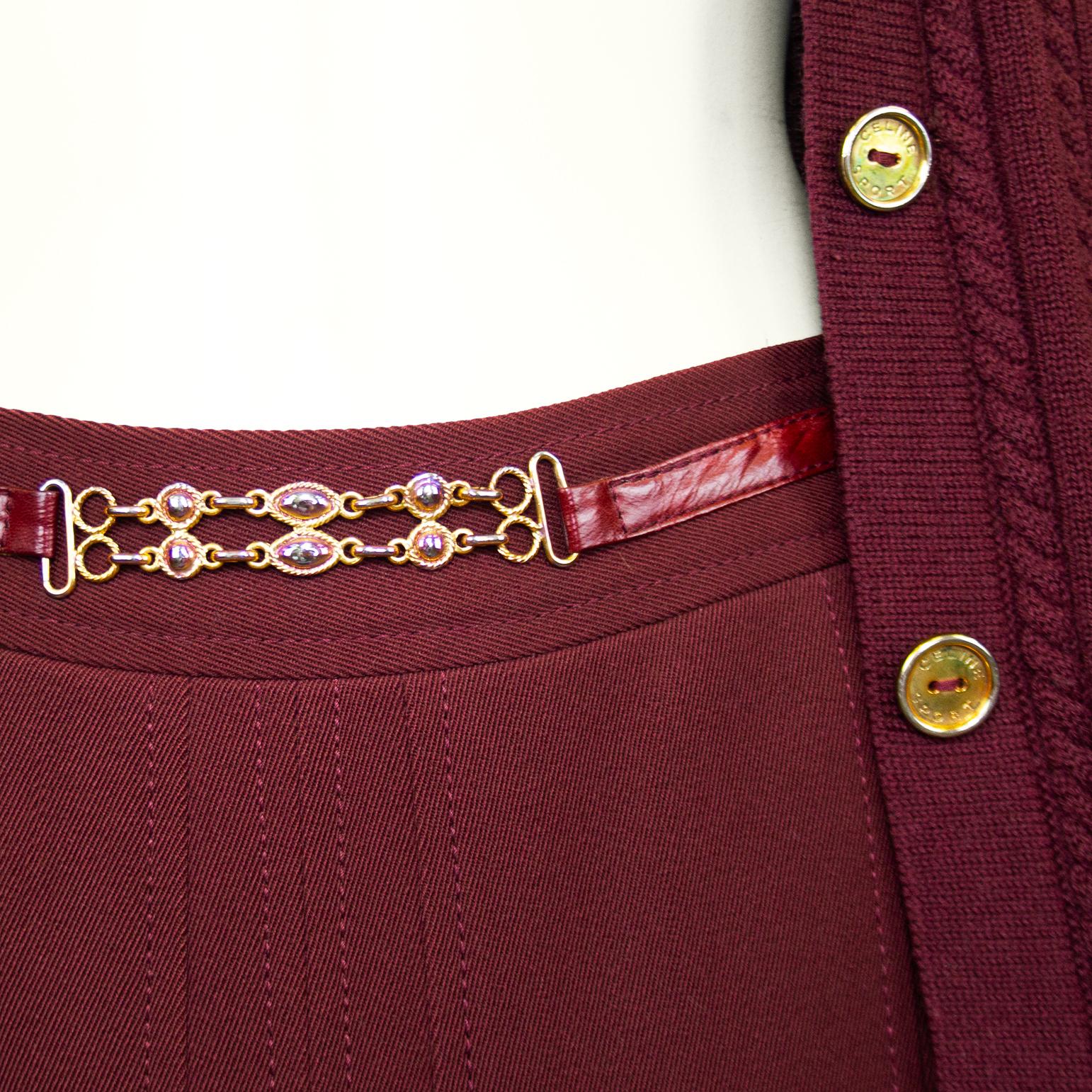 1970s Celine Maroon Wool Cardigan and Gabardine Skirt Ensemble For Sale 1