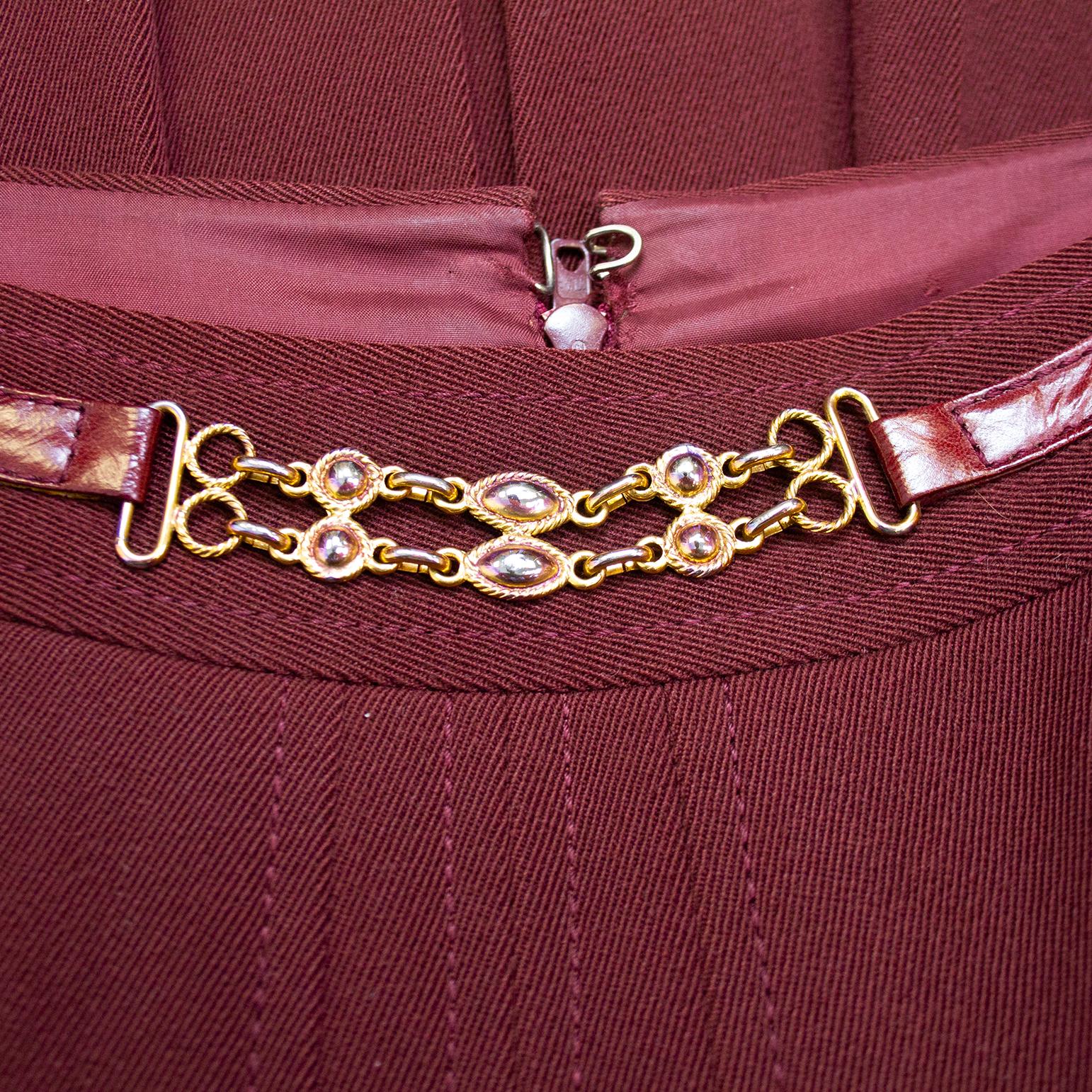 1970s Celine Maroon Wool Cardigan and Gabardine Skirt Ensemble For Sale 2