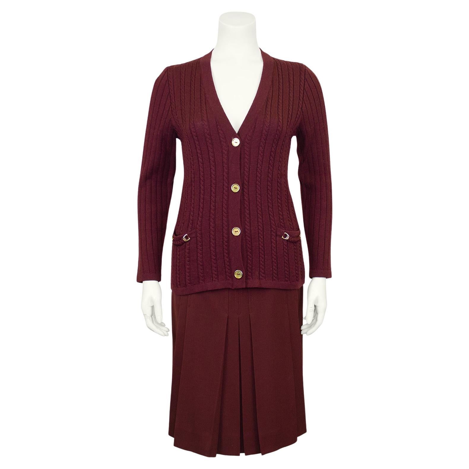 1970s Celine Maroon Wool Cardigan and Gabardine Skirt Ensemble For Sale