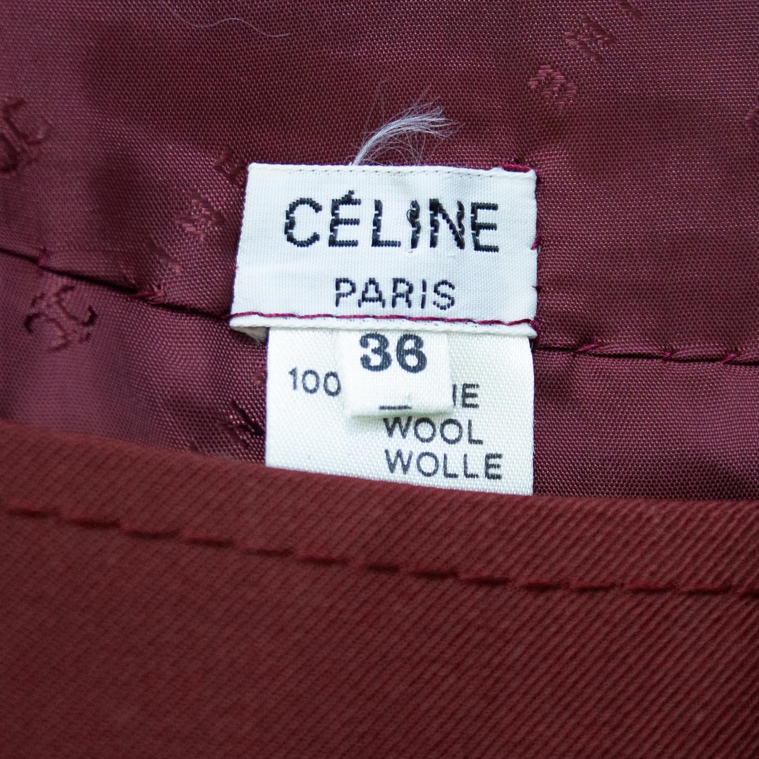 Black 1970s Celine Maroon Wool Gabardine Pleated Skirt