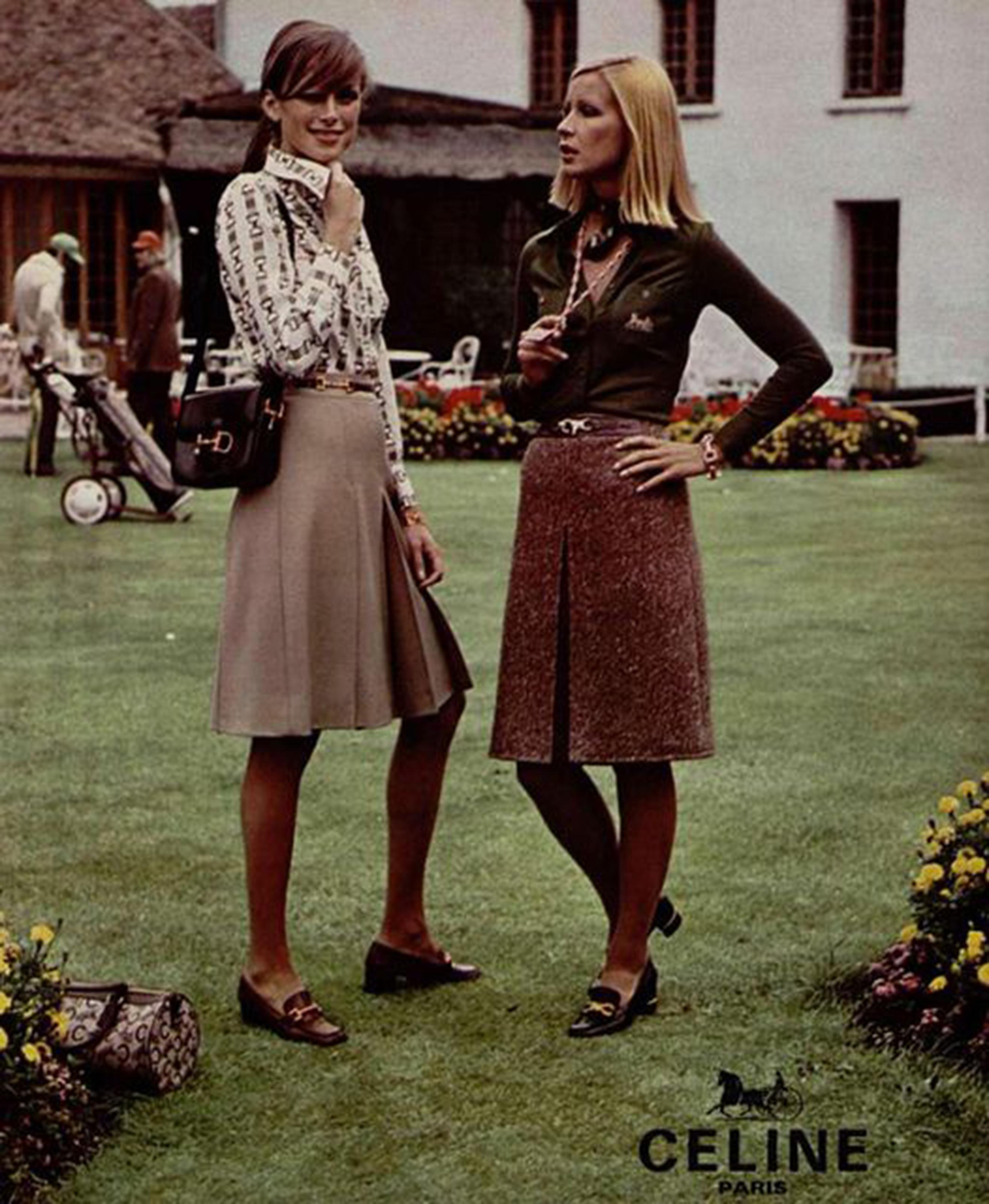 1970s Celine Navy and Cream Cheque Box Pleat Skirt 2