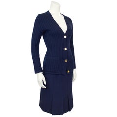 1970s Celine Navy Blue Wool Cardigan and Gabardine Skirt Ensemble