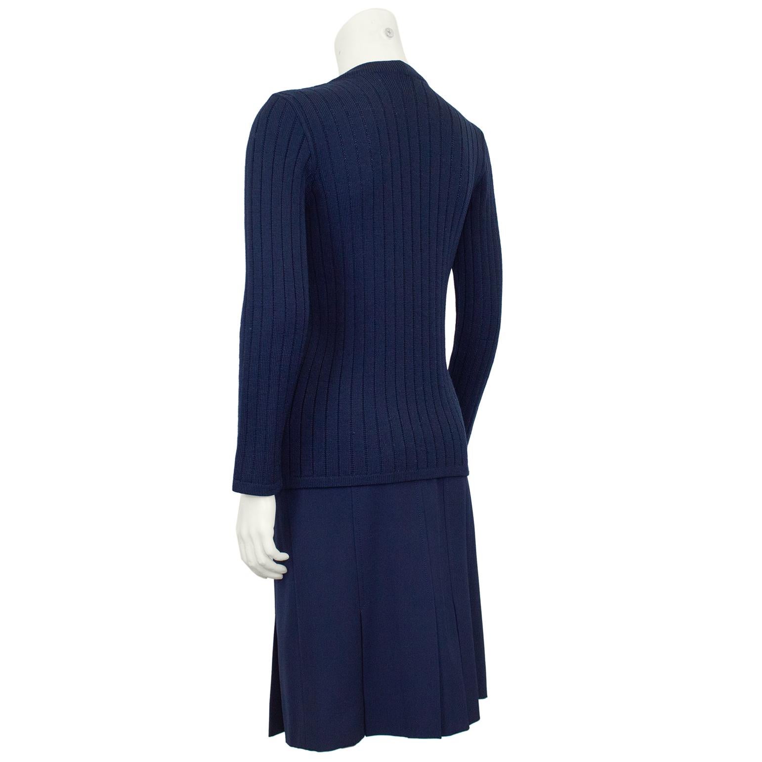 1970s Celine Navy Blue Wool Cardigan and Gabardine Skirt Ensemble  In Good Condition For Sale In Toronto, Ontario