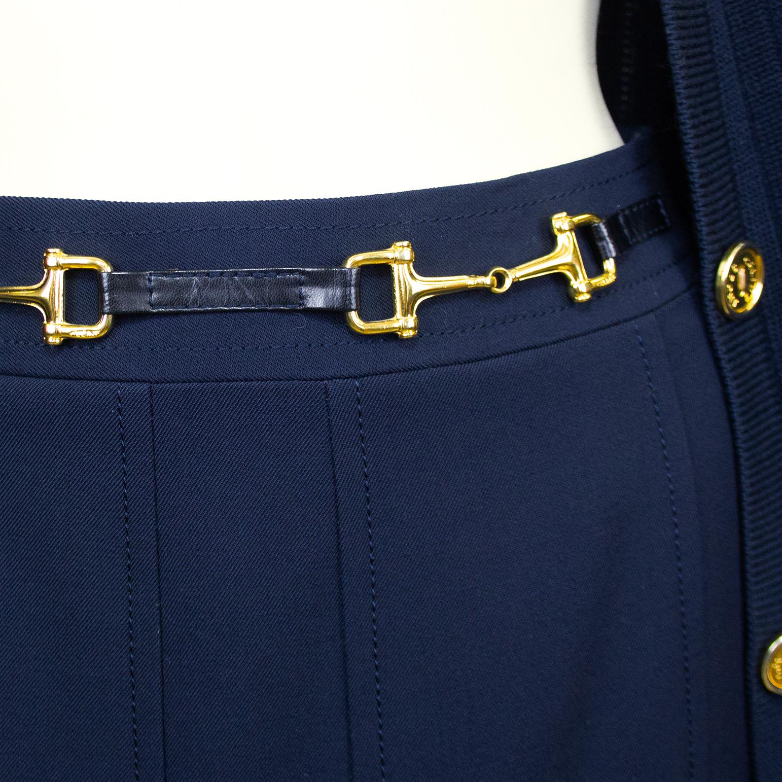Women's 1970s Celine Navy Blue Wool Cardigan and Gabardine Skirt Ensemble  For Sale