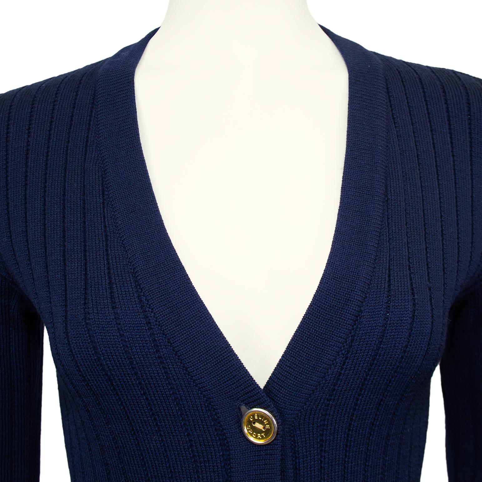 1970s Celine Navy Blue Wool Cardigan and Gabardine Skirt Ensemble  For Sale 2