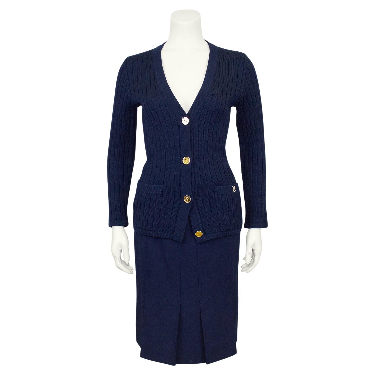 1970s Celine Navy Blue Wool Cardigan and Gabardine Skirt Ensemble  For Sale