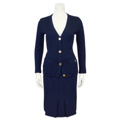 Vintage 1970s Celine Navy Blue Wool Cardigan and Gabardine Skirt Ensemble 