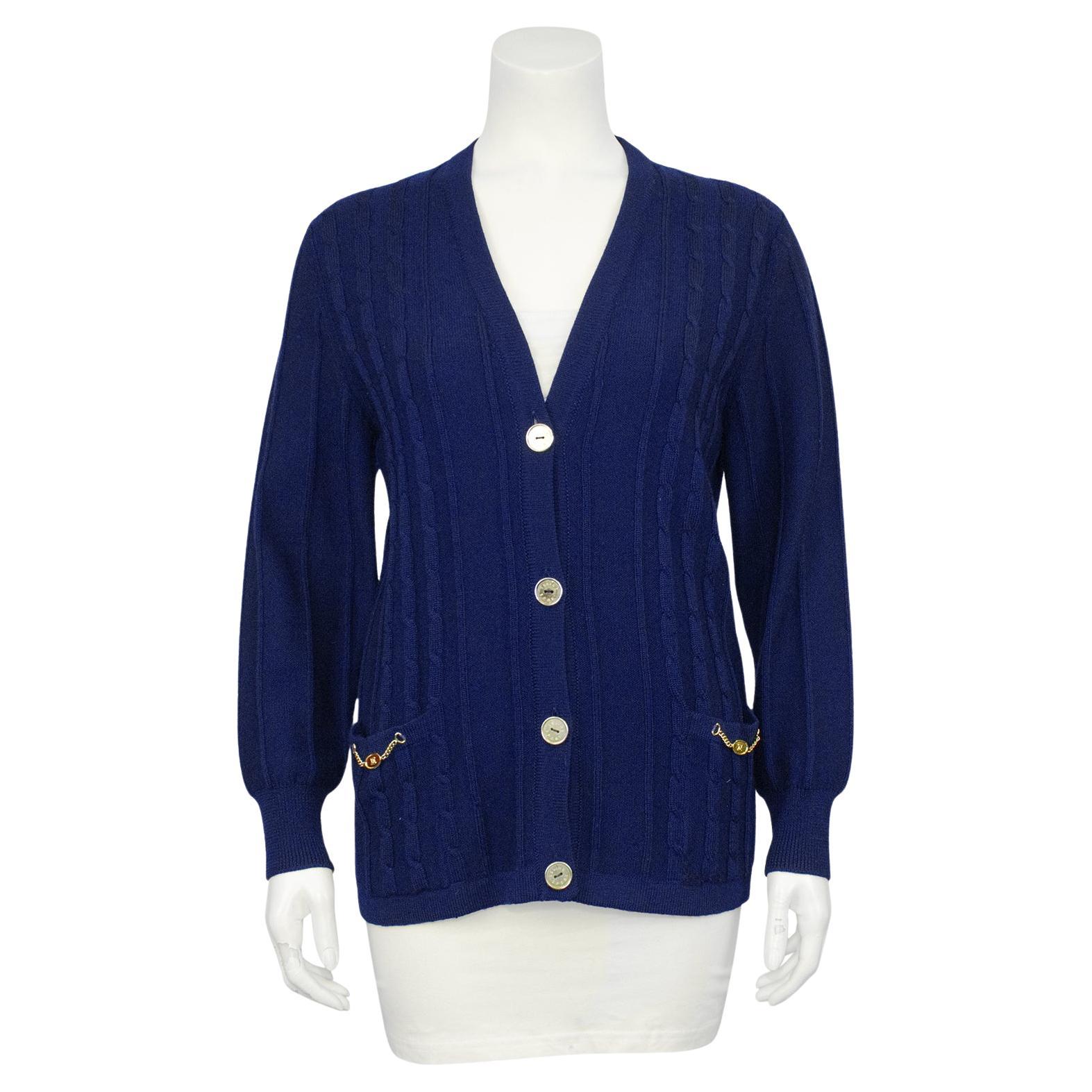 1970s Celine Navy Cable Knit Cardigan For Sale