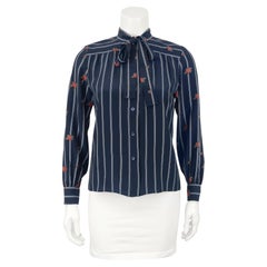 1970's Celine Navy Silk Neck Tie Shirt With Roses