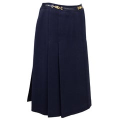 1970s Celine Navy Wool Gabardine Pleated Skirt