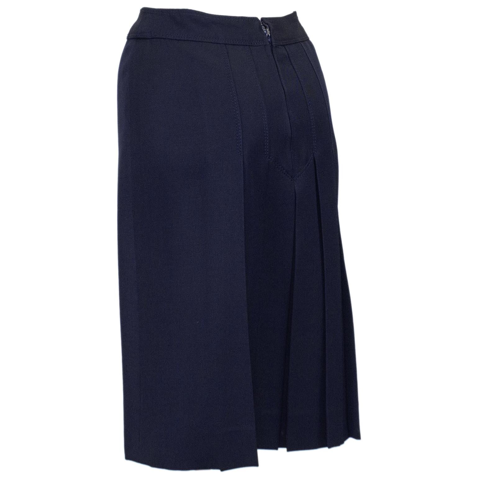 1970s Celine Navy Wool Gabardine Pleated Skirt In Good Condition For Sale In Toronto, Ontario