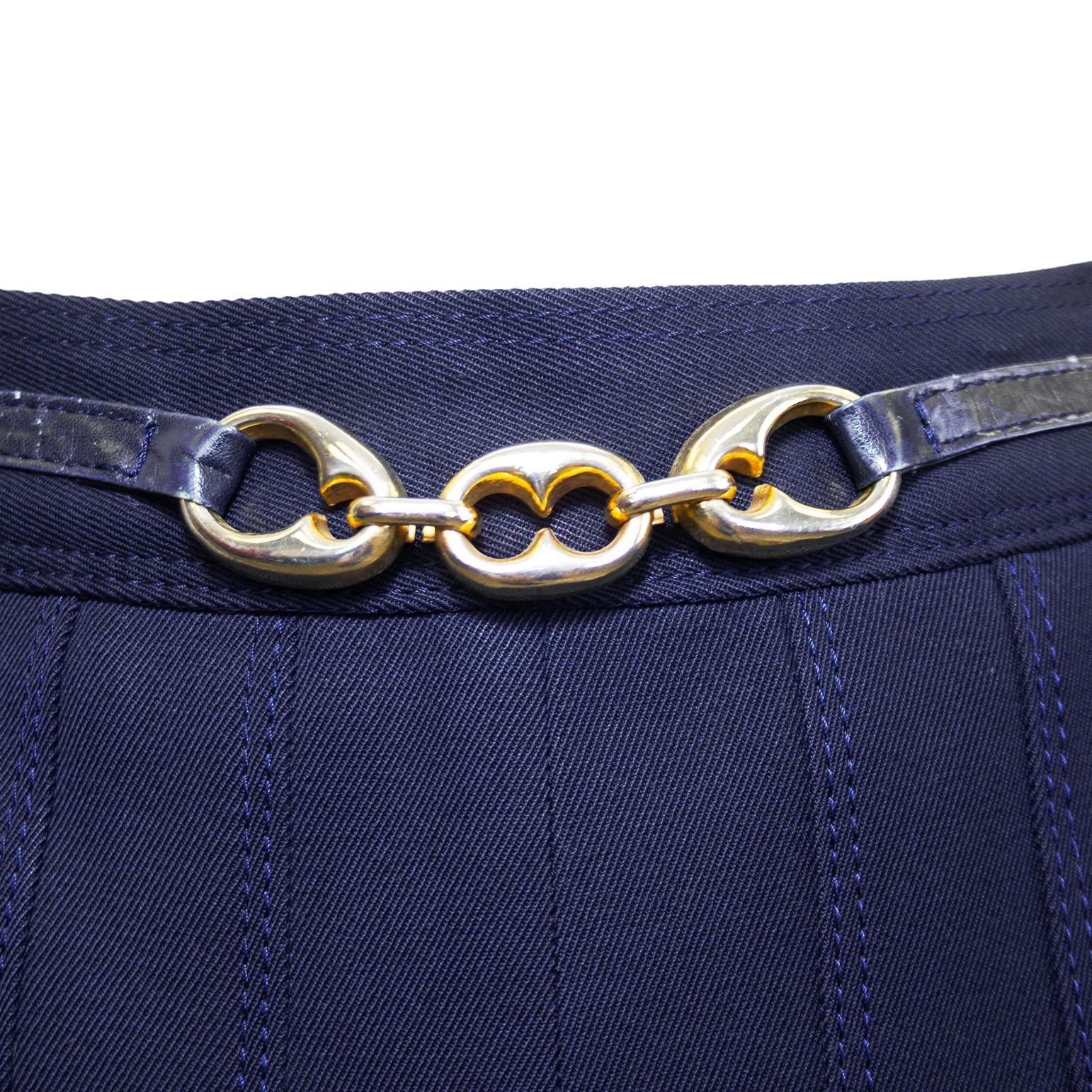 1970s Celine Navy Wool Gabardine Pleated Skirt In Good Condition For Sale In Toronto, Ontario