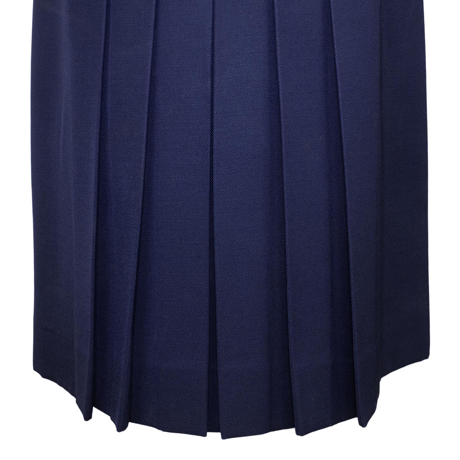 1970s Celine Navy Wool Gabardine Pleated Skirt For Sale 1